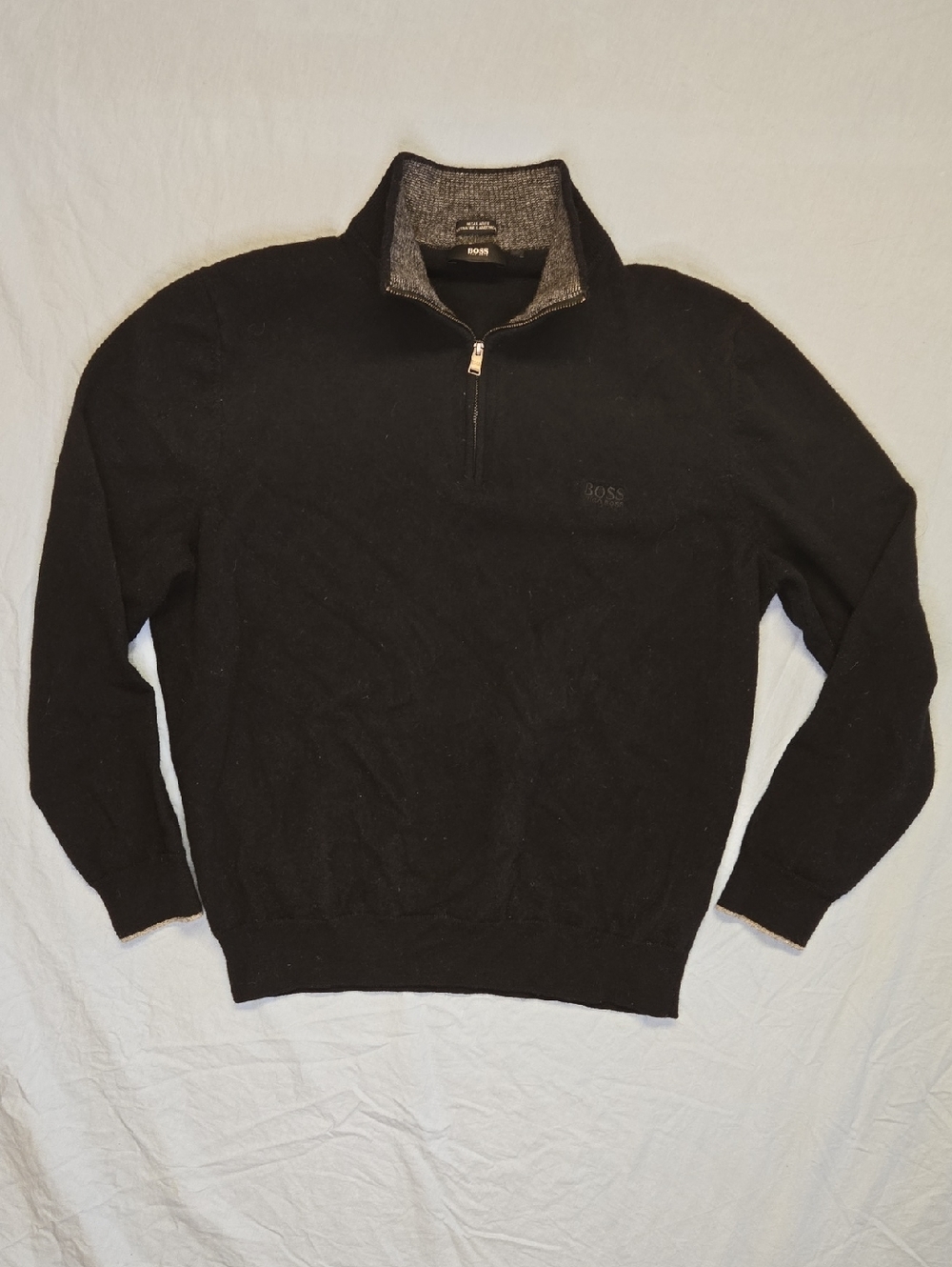 Hugo Boss Extra Fine Lambswool Black 1/4 Zip Knit Sweater With Gray Accents